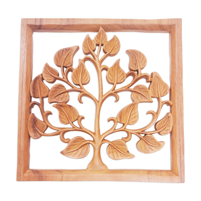 Wood relief panel, 'Bayam' - Hand Carved Suar Wood Amaranth Wall Art Relief Panel