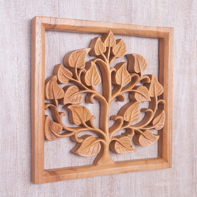 Panel en relieve de madera, 'Bayam' - Panel en relieve de arte de pared de amaranto de madera de Suar tallado a mano