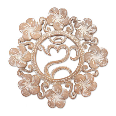 Wood relief panel, 'Jepun Om' - Hand Crafted Wood Wall Relief with Om Symbol and Flowers