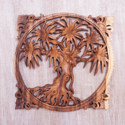 Wood relief panel, 'Beringin Tree' - Natural Finish Wood Wall Art Relief Panel of Tree