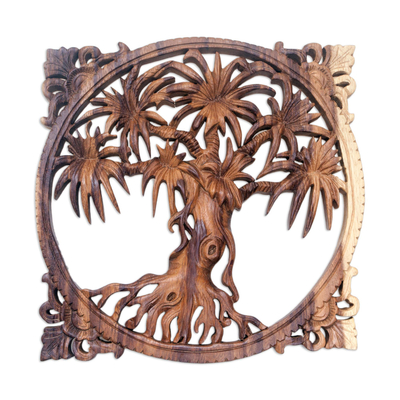 Wood relief panel, 'Beringin Tree' - Natural Finish Wood Wall Art Relief Panel of Tree