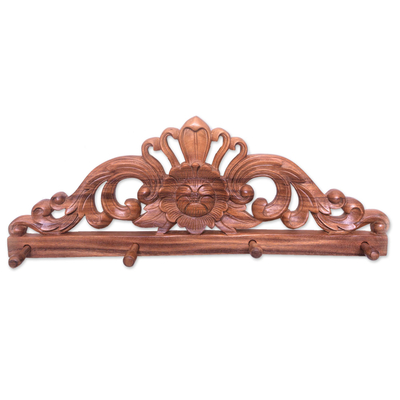 Hand Carved Floral Motif Wood Coat Rack from Bali