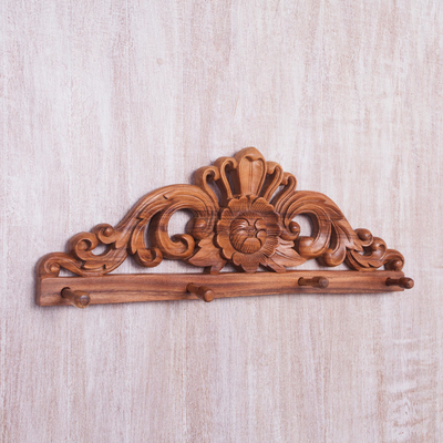 Perchero de madera - Perchero de madera con motivos florales tallados a mano de Bali