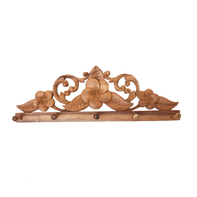Wood Coat Rack With Carved Plumeria Flowers