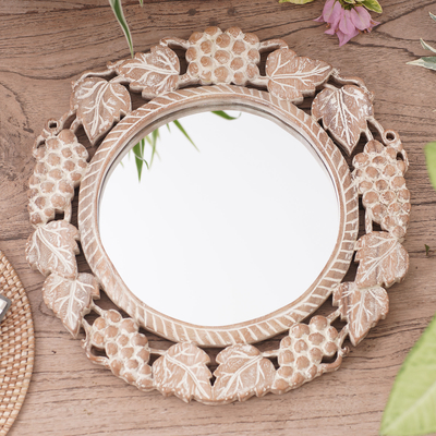 Wood wall mirror, 'Buleleng Bouquet' - Grape Motif Round Wall Mirror with Distressed Finish