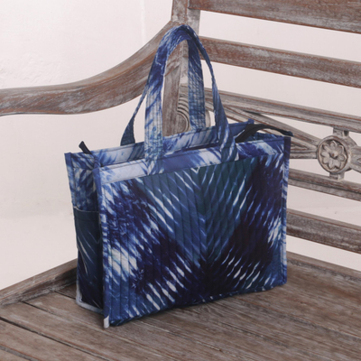 Quilted cotton tote bag, 'Blue Song' - Blue and While Tie Dyed Quilted Tote Shoulder Bag