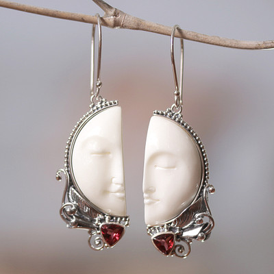 Garnet dangle earrings, 'Half of My Soul' - Handcrafted Garnet and Bone Dangle Earrings from Bali