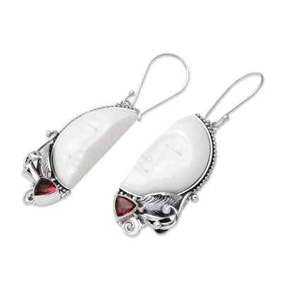 Garnet dangle earrings, 'Half of My Soul' - Handcrafted Garnet and Bone Dangle Earrings from Bali