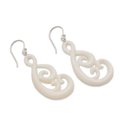 Bone dangle earrings, 'Swirly Vines' - Handcrafted Bone Dangle Earrings from Bali