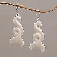 Bone dangle earrings, 'Fantastic Tails' - Handcrafted Whale-Themed Bone Dangle Earrings form Bali