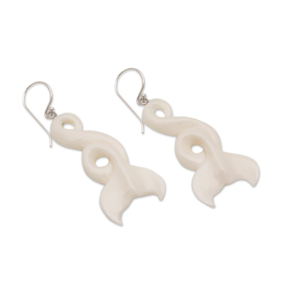 Bone dangle earrings, 'Fantastic Tails' - Handcrafted Whale-Themed Bone Dangle Earrings form Bali
