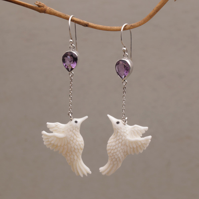 Amethyst dangle earrings, 'Dancing Hummingbirds' - Amethyst and Bone Hummingbird Dangle Earrings from Bali
