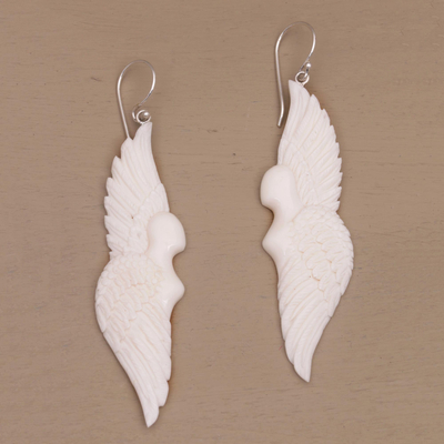 Bone dangle earrings, 'Goddess Wings' - Handcrafted Wing-Shaped Bone Dangle Earrings from Bali