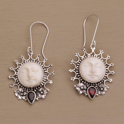 Garnet dangle earrings, 'Sunny Soul' - Handcrafted Sun-Themed Garnet Dangle Earrings from Bali