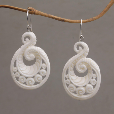 Bone dangle earrings, 'Swirling Scales' - Handcrafted Bone Spiral Motif Dangle Earrings from Bali