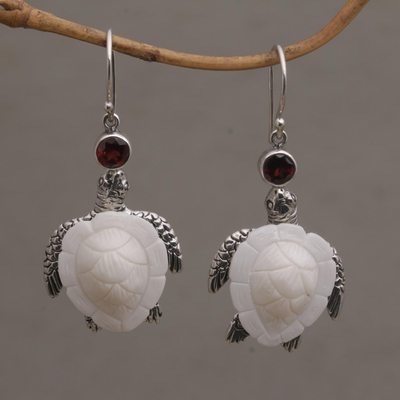 Garnet dangle earrings, 'Kurma Turtles' - Handmade Garnet and Bone Turtle Dangle Earrings from Bali