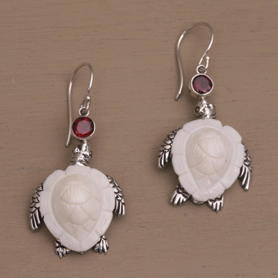 Garnet dangle earrings, 'Kurma Turtles' - Handmade Garnet and Bone Turtle Dangle Earrings from Bali