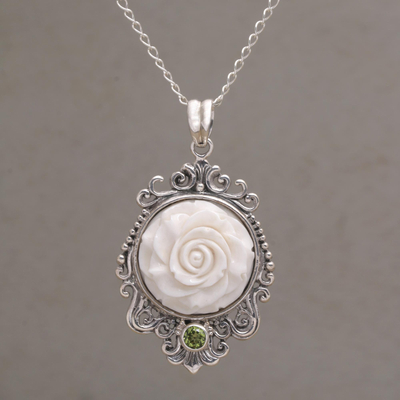 Peridot and bone pendant necklace, 'Dreamy Rose' - Rose Pendant Necklace Accented with Peridot