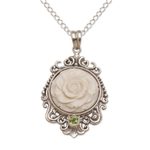 Peridot and bone pendant necklace, 'Dreamy Rose' - Rose Pendant Necklace Accented with Peridot