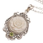 Peridot and bone pendant necklace, 'Dreamy Rose' - Rose Pendant Necklace Accented with Peridot