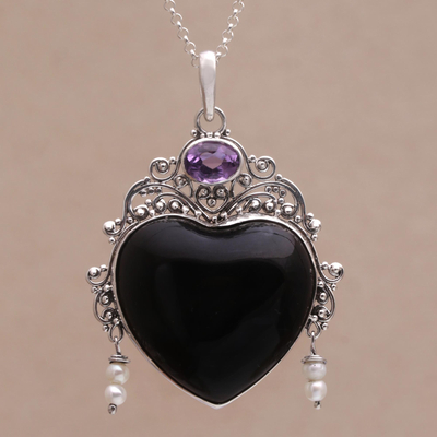 Collar con colgante de amatista y perlas cultivadas - Collar de corazón de hueso negro de plata con perla cultivada y amatista
