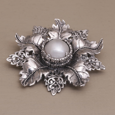 Cultured pearl brooch pin, 'Moonside Flower' - Artisan Crafted Floral Cultured Pearl Brooch from Bali