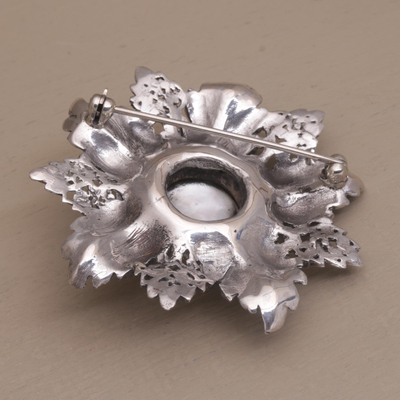 Cultured pearl brooch pin, 'Moonside Flower' - Artisan Crafted Floral Cultured Pearl Brooch from Bali