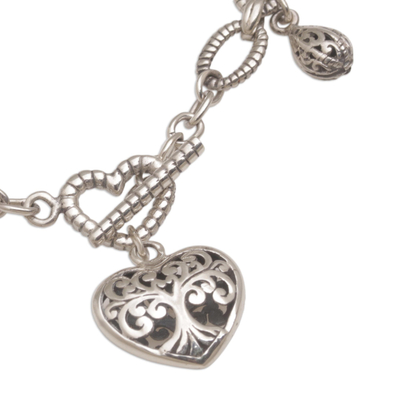 Sterling silver charm bracelet, 'The Garden in my Heart' - Romantic Sterling Silver Link Bracelet with Heart Charm