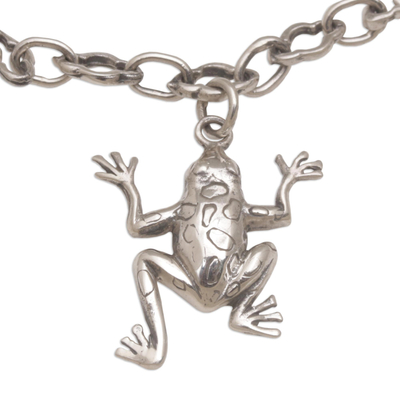 Cultured pearl charm bracelet, 'Frog Glow' - Frog-Themed Cultured Pearl Link Bracelet from Bali