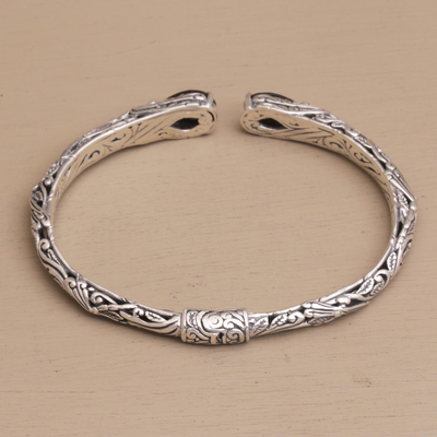 Garnet cuff bracelet, 'Looking for You' - Balinese Sterling Silver and Garnet Hinged Cuff Bracelet