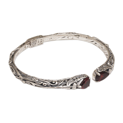 Garnet cuff bracelet, 'Looking for You' - Balinese Sterling Silver and Garnet Hinged Cuff Bracelet