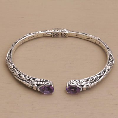 Amethyst cuff bracelet, 'Looking for You' - Sterling Silver Hinged Amethyst Cuff Bracelet from Bali