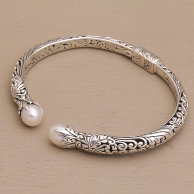 Cultured pearl cuff bracelet, 'Magical Encounter' - Cultured Pearl and Sterling Silver Cuff Bracelet