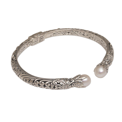 Cultured pearl cuff bracelet, 'Magical Encounter' - Cultured Pearl and Sterling Silver Cuff Bracelet