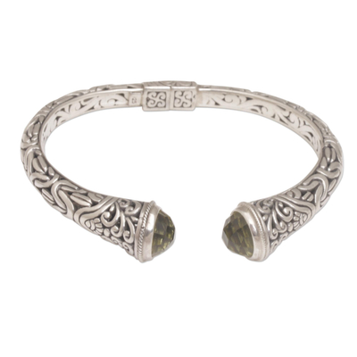 Balinese Style Hinged 925 Silver Prasiolite Cuff Bracelet
