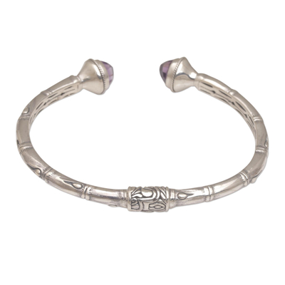 Amethyst cuff bracelet, 'Talk to Me' - Balinese Style Hinged Silver Cuff Bracelet with Amethyst