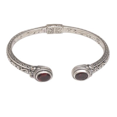Garnet cuff bracelet, 'Magical Attraction' - Garnet and Sterling Silver Hinged Cuff Bracelet from Bali