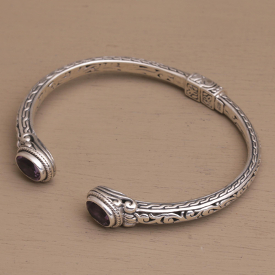 Amethyst cuff bracelet, 'Magical Attraction' - Modern Balinese Amethyst and 925 Silver Cuff Bracelet