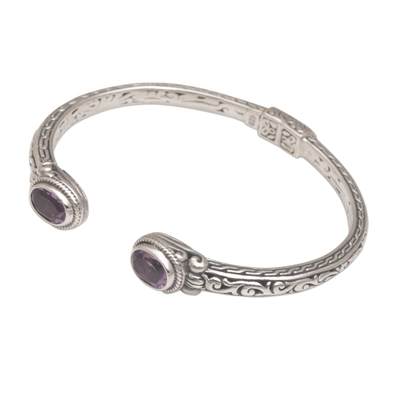 Amethyst cuff bracelet, 'Magical Attraction' - Modern Balinese Amethyst and 925 Silver Cuff Bracelet