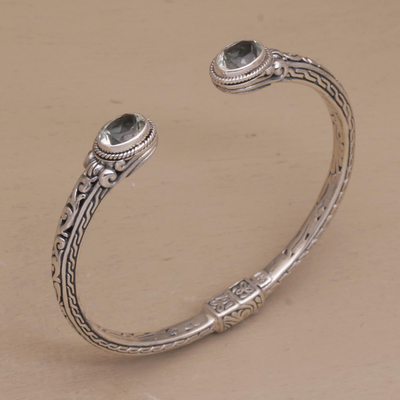 Prasiolite cuff bracelet, 'Magical Attraction' - Sterling Silver Hinged Prasiolite Cuff Bracelet from Bali