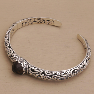 Smoky quartz cuff bracelet, 'Forest Nymph' - Artisan Crafted Fair Trade Silver Bracelet with Smoky Quartz