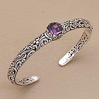 Amethyst cuff bracelet, 'Forest Nymph' - Sterling Silver Floral Cuff Bracelet with Amethyst