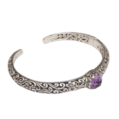 Amethyst cuff bracelet, 'Forest Nymph' - Sterling Silver Floral Cuff Bracelet with Amethyst