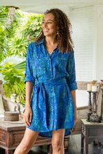 Batik rayon shirtdress, 'Ocean Orchid' - Rayon Batik Shirtdress in Blue and Green Floral Print