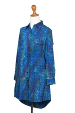 Batik rayon shirtdress, 'Ocean Orchid' - Rayon Batik Shirtdress in Blue and Green Floral Print