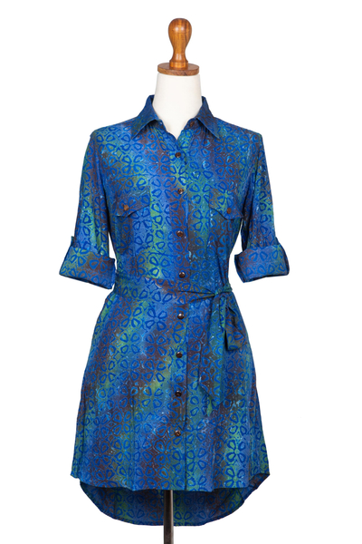 Batik rayon shirtdress, 'Ocean Orchid' - Rayon Batik Shirtdress in Blue and Green Floral Print