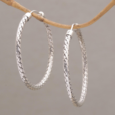 Sterling silver hoop earrings, 'Celuk Circles' (1.75 inch) - Woven Silver Endless Hoop Earrings (1.75 Inch)