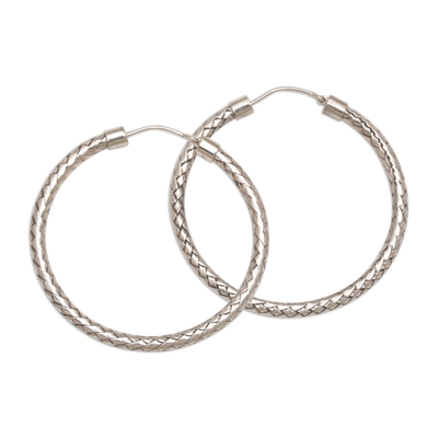 Sterling silver hoop earrings, 'Celuk Circles' (1.7 inch) - Woven Silver Endless Hoop Earrings (1.7 Inch)