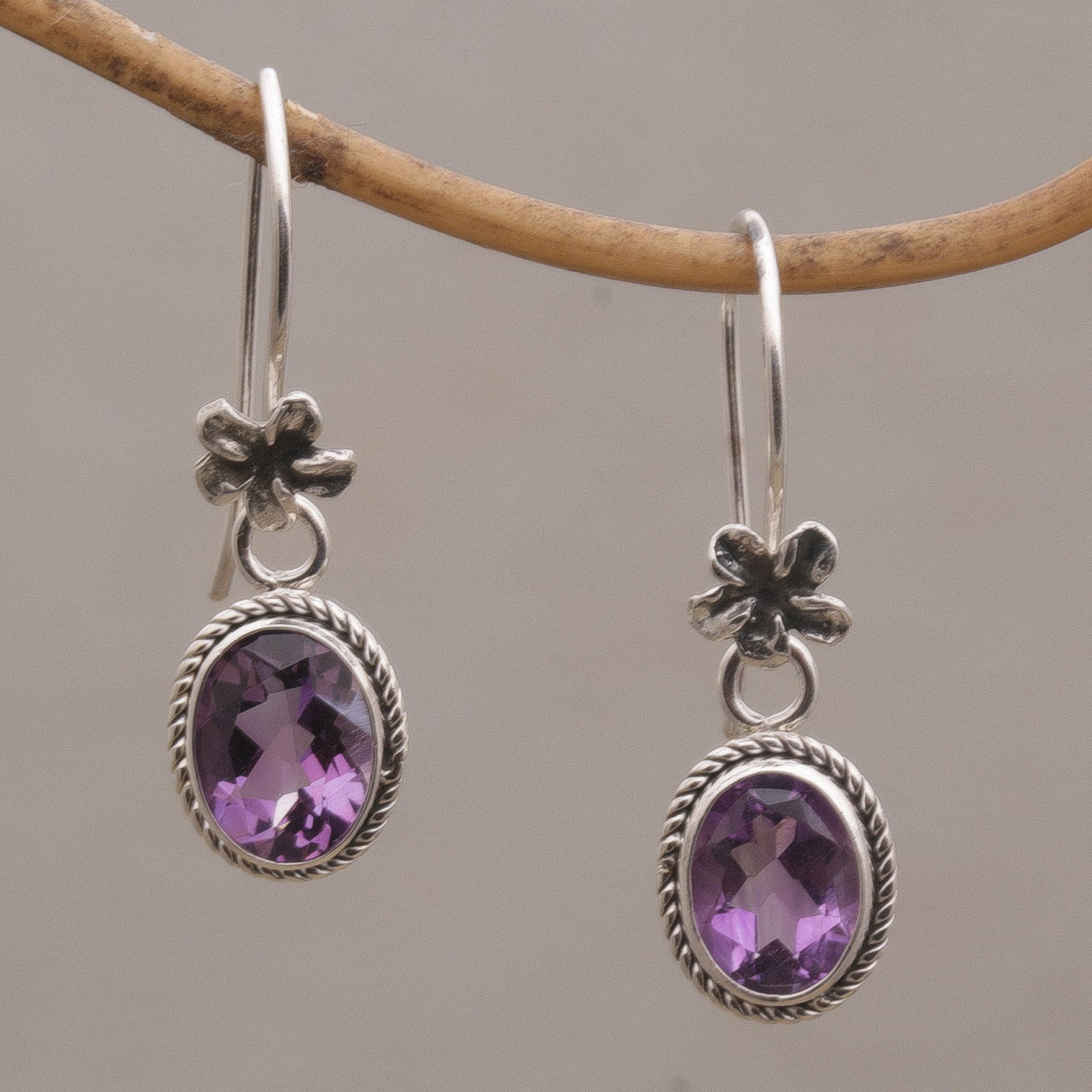 Handmade by Bali Artisans .925 Sterling Silver Purple Amethyst 1/2 Floral Scroll Stud Earrings 