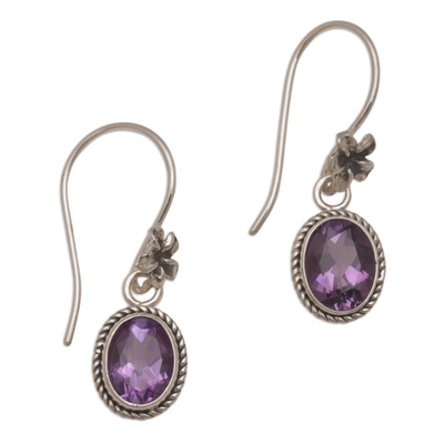Amethyst dangle earrings, 'Everlasting Blooms' - Handmade Bali Amethyst and Sterling Silver Dangle Earrings